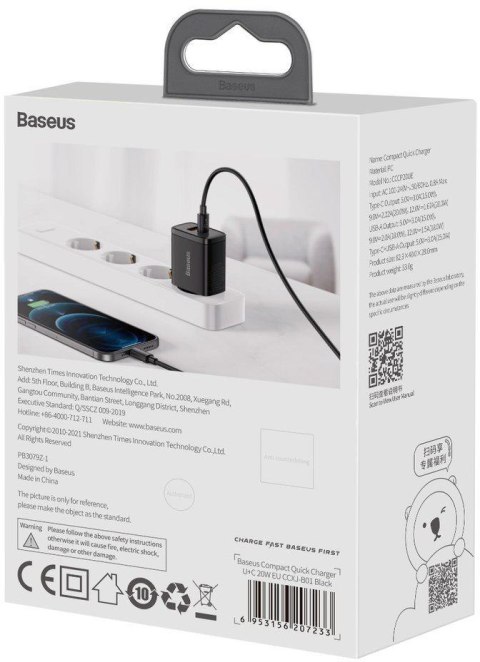 BASEUS ŁADOWARKA SIECIOWA Baseus Compact Quick Charger CCXJ-B01 20W 1x USB-A 1x USB-C PD 3.0 QC 3.0 CZARNA
