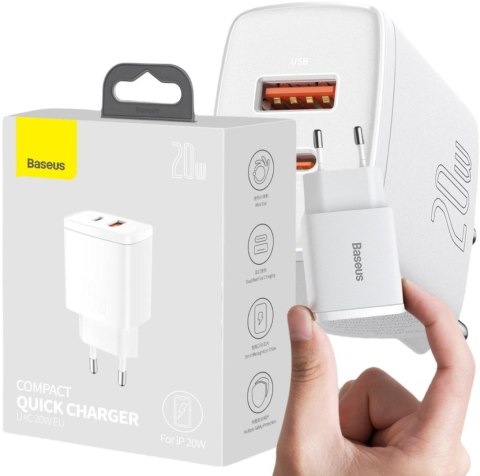 BASEUS ŁADOWARKA SIECIOWA Baseus Compact Quick Charger CCXJ-B02 20W 1x USB-A 1x USB-C PD 3.0 QC 3.0 BIAŁA