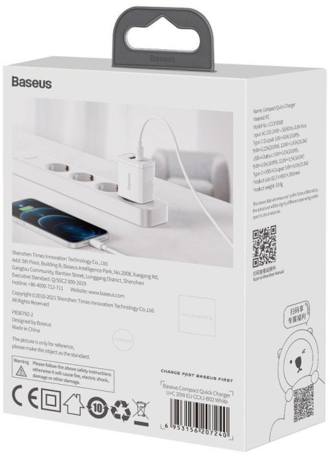 BASEUS ŁADOWARKA SIECIOWA Baseus Compact Quick Charger CCXJ-B02 20W 1x USB-A 1x USB-C PD 3.0 QC 3.0 BIAŁA