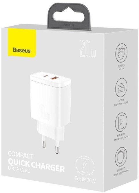 BASEUS ŁADOWARKA SIECIOWA Baseus Compact Quick Charger CCXJ-B02 20W 1x USB-A 1x USB-C PD 3.0 QC 3.0 BIAŁA