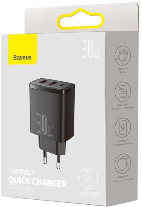 BASEUS ŁADOWARKA SIECIOWA Baseus Compact Quick Charger CCXJ-E01 30W 2x USB-A 1x USB-C PD 3.0 QC 3.0 CZARNA