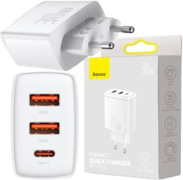 BASEUS ŁADOWARKA SIECIOWA Baseus Compact Quick Charger CCXJ-E02 30W 2x USB-A 1x USB-C PD 3.0 QC 3.0 BIAŁA