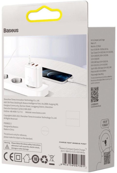 BASEUS ŁADOWARKA SIECIOWA Baseus Compact Quick Charger CCXJ-E02 30W 2x USB-A 1x USB-C PD 3.0 QC 3.0 BIAŁA